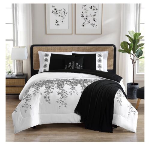 5-Piece White and Black Embroidered Full Queen Size Comforter Set Pillow Shams