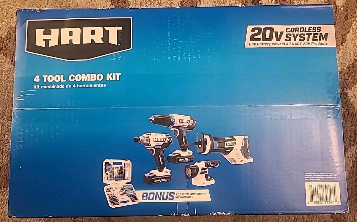 HART 20V Brushless 4-Tool Combo Kit with 200 Piece Accessory Set