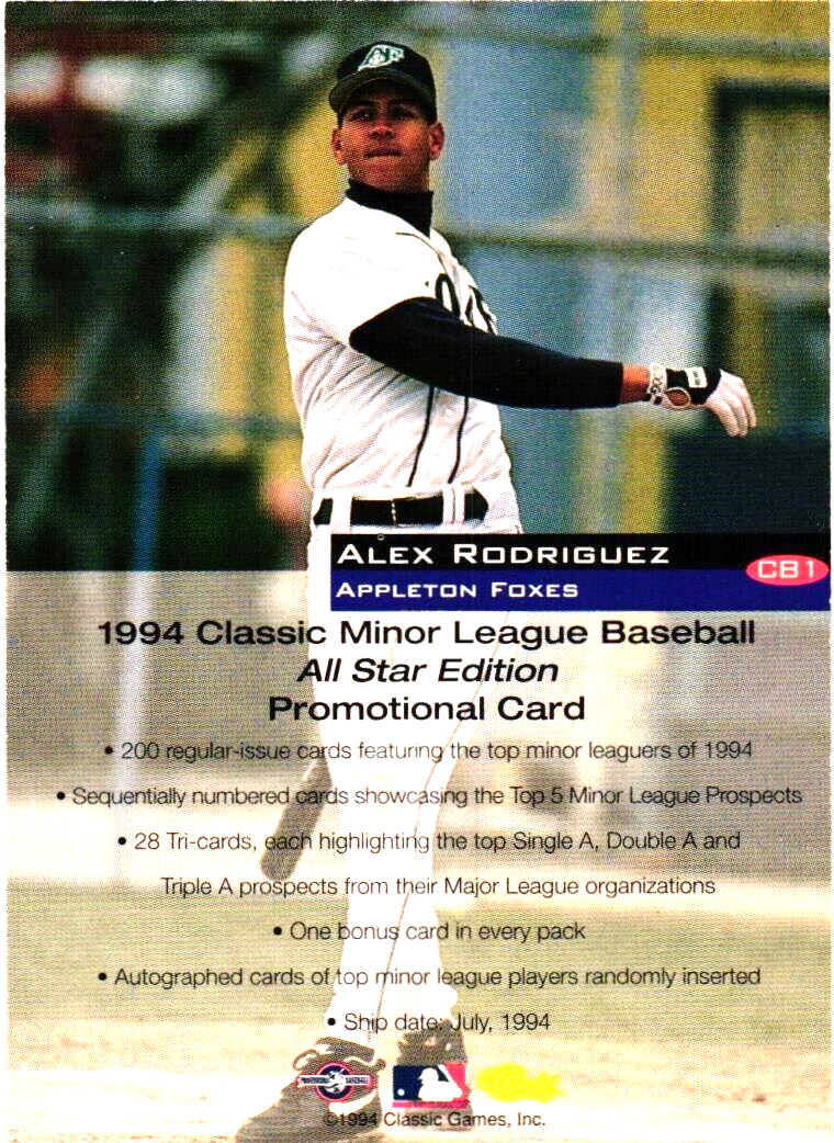 1994 Classic CB1 Alex Rodriguez PROMO Appleton Foxes Minor League Baseball Card eBay