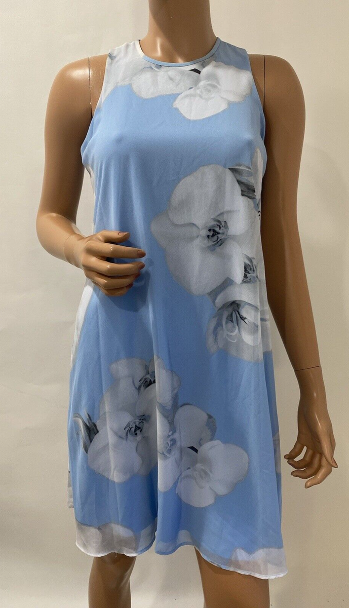 calvin klein white dress with blue flowers Marisol Round Neck Shirred Dress