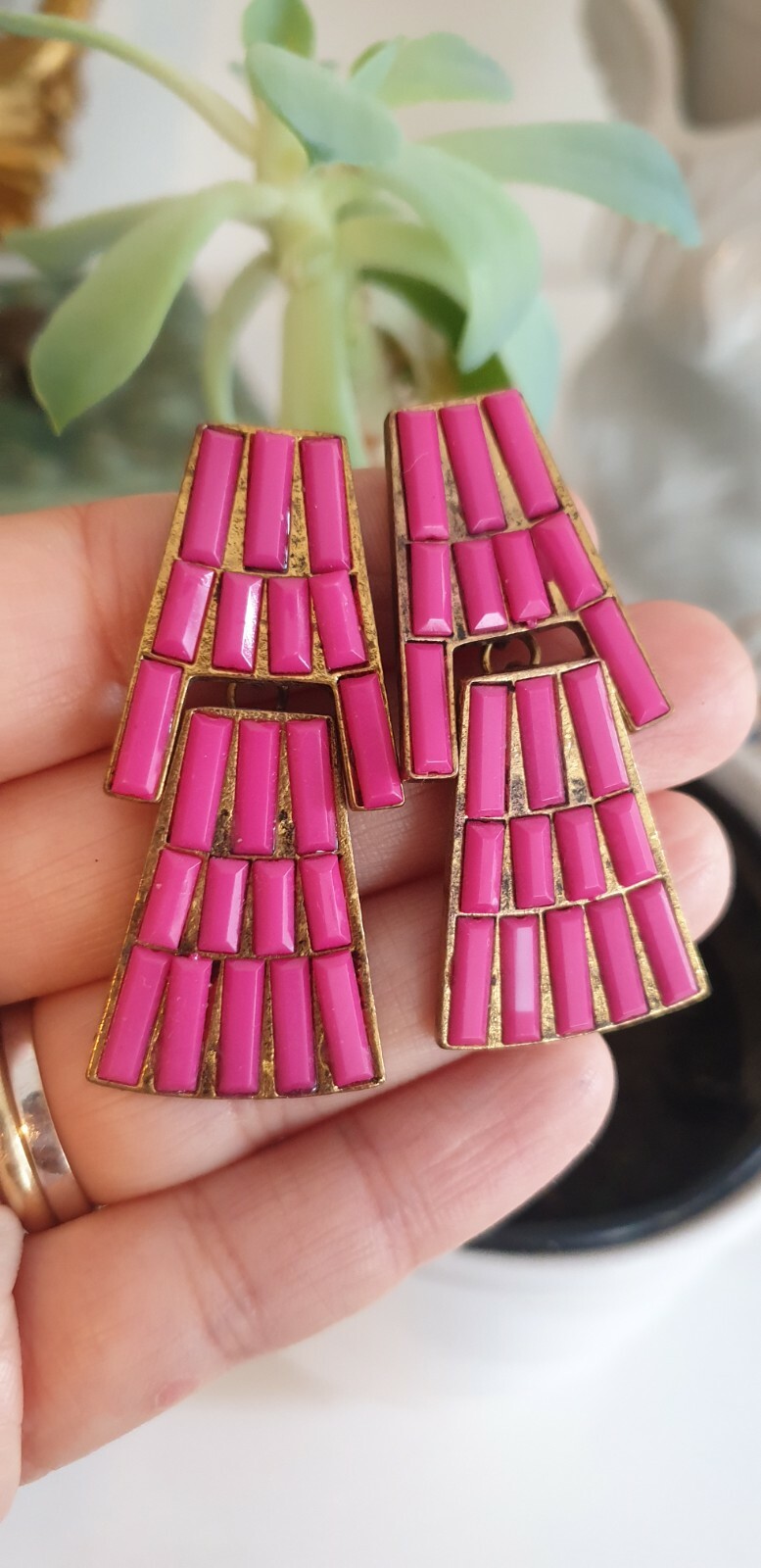 pendientes originales fucsia y dorado nuevos orecchini Ohrringe boucles chic