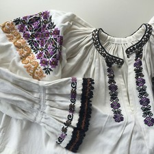 VINTAGE HUNGARIAN FOLK BLOUSE Embroidered Heavy Linen Peasant Top S M OOK