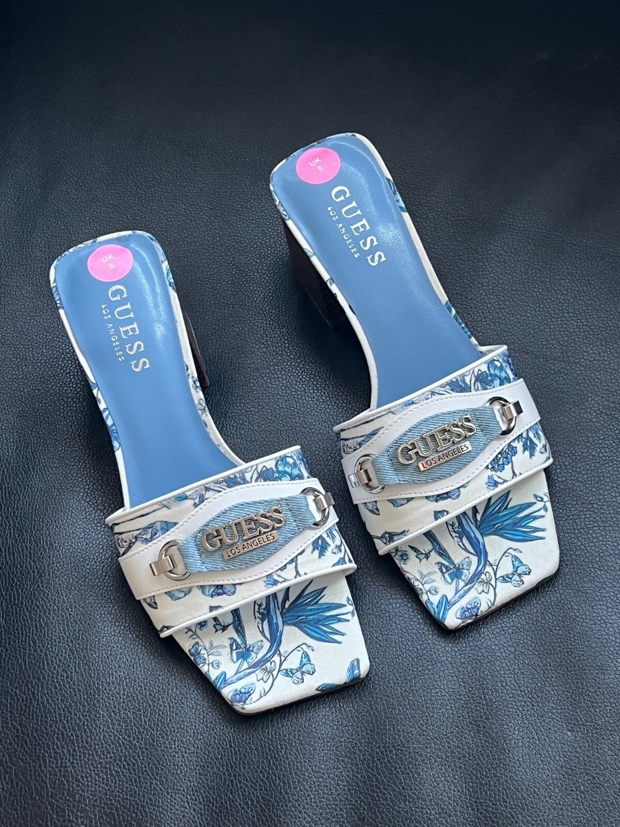 Guess blue and white pattern heeled sandal, size UK