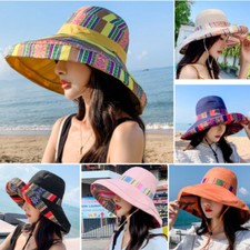 Women Wide Brim Bucket Hat Ethnic Floral Print Thin Reversible Fisherman Cap