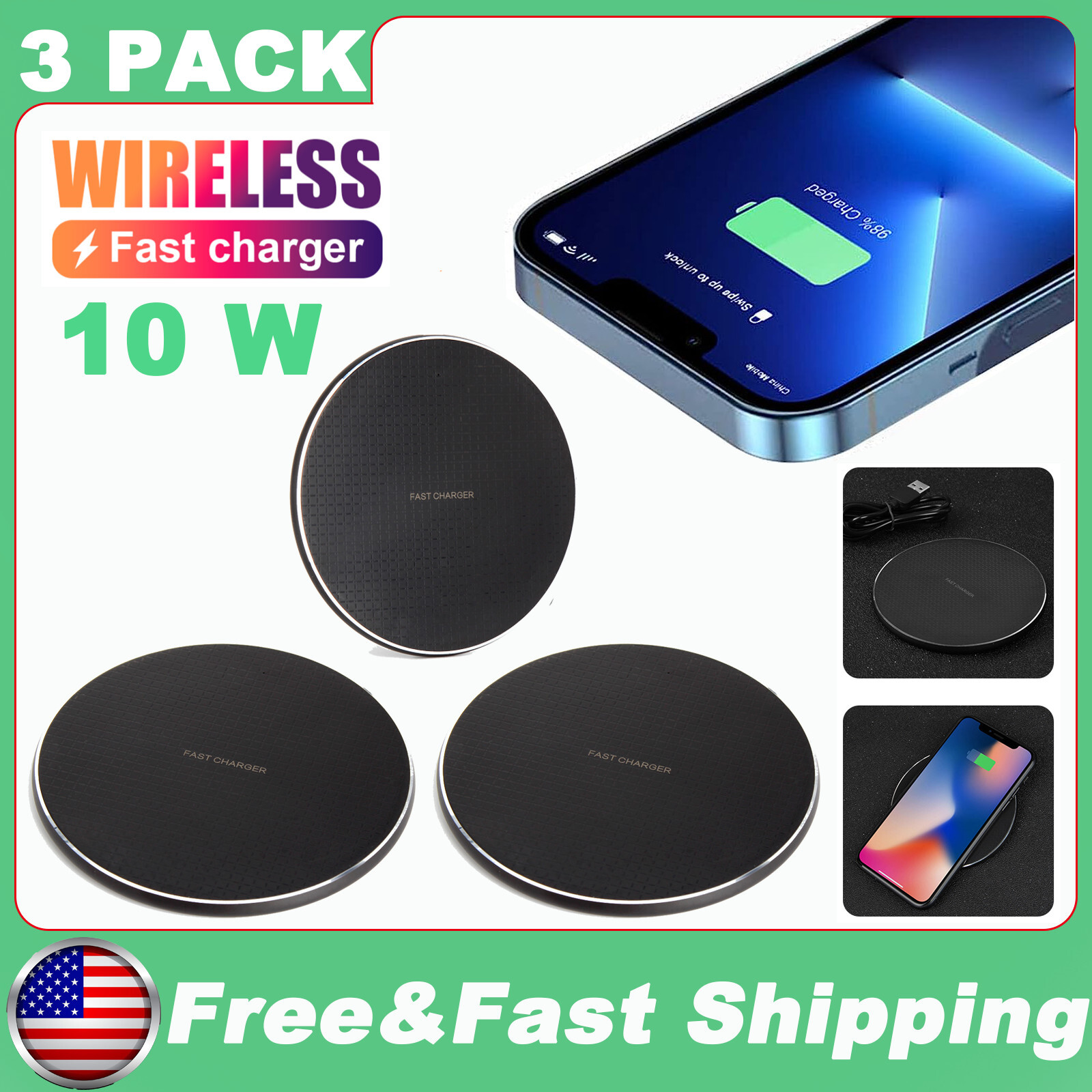 3PC Wireless Charging Pad Fast Qi Charger For iPhone Samsung Phones