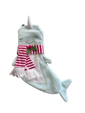 Narwhal Whale Christmas Knit Stocking Aqua Blue with red & white scarf  18"