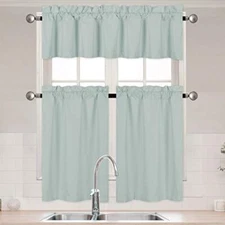  3 Pieces Solid Color Kitchen Curtain Set Tier and Valence with Rod Slate Blue