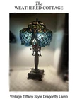 Vintage Tiffany Style Dragonfly Stained Glass Lamp Jeweled Shade Ornate Base