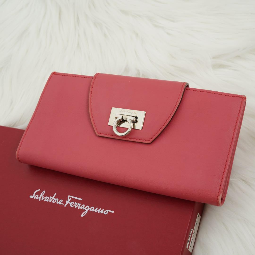Salvatore Ferragamo Gancini Long Wallet Red Leather Used