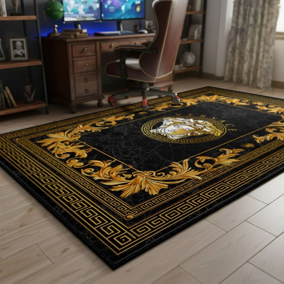 Black Versace Rug, Gold Greek Key Carpet, Versace Style Mat, Ornate Decor - Image 3 of 4