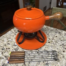 Vtg MCM Fondue Set Orange w/ Forks Mid Century Modern Japan