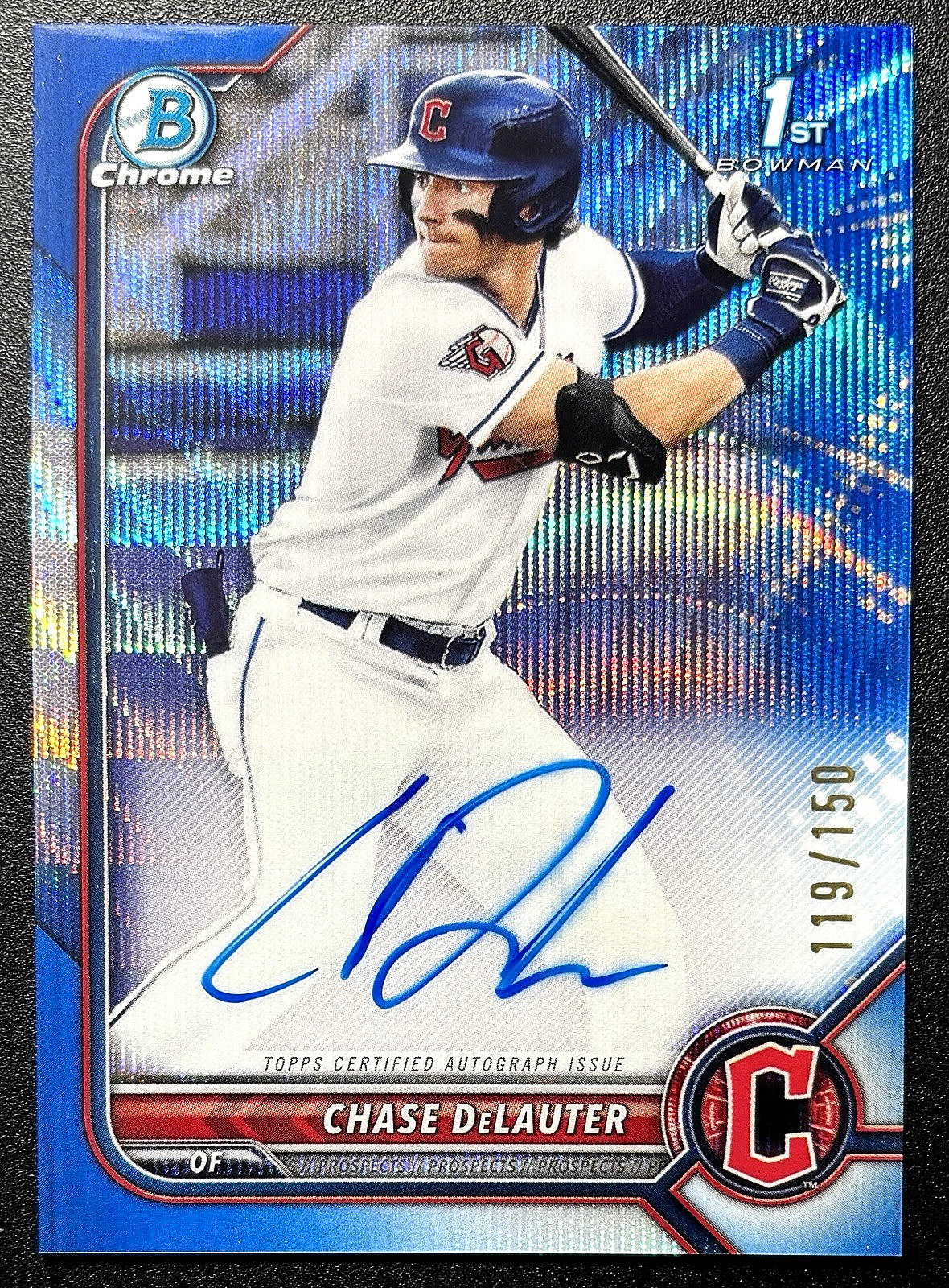 2022 BOWMAN CHROME DRAFT CHASE DELAUTER 1ST BLUE WAVE REFRACTOR AUTO RC #119/150
