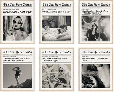 Trendy Feminist Newspaper Wall Art Prints of 6,Retro Black and White Vogue Poste