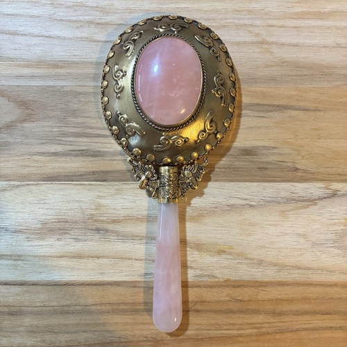Chinese Vanity Hand Mirror Rose Quartz Gemstone Jeweled