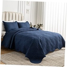 King Size Quilt Set 3 Pieces, King 106" x 90" Navy Blue Floral Pattern 