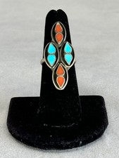 Old Pawn Navajo Sterling Silver Ring with Turquoise and Coral. Size 6 3/4