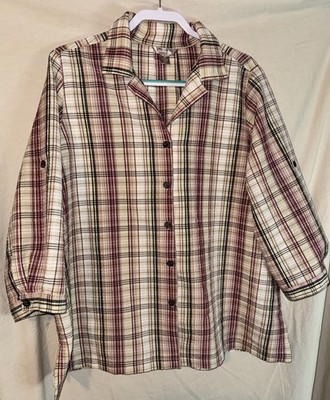 White Stag Plaid Button Up Shirt Womens 2X Roll Tab Sleeves Casual Top