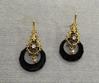 Rare Unique Antique Victorian  Jet Onyx 14KT Yellow Gold Earrings 1 1/4