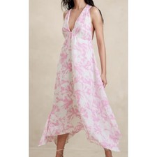 Banana Republic Midi dress Sz 8 Pink Floral European Linen V-Neck X Back Beach