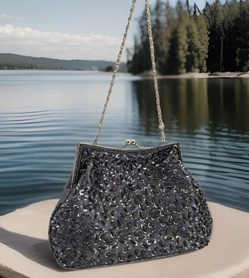 Vintage Bijoux Terner Beaded Sequin Gray Purse Bag Kiss LockSatin Party Formal