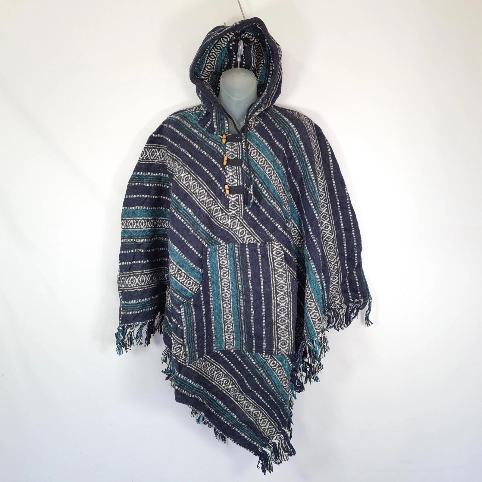 Blue Poncho Boho Baja Shawl Festival Hippie Outdoor Surf Mexican Camping