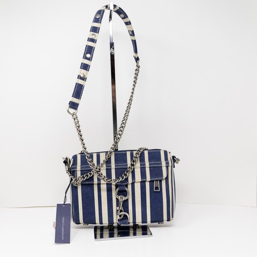 NEW Rebecca Minkoff Mini MAC Navy Blue White Stripe Print Canvas Crossbody Purse
