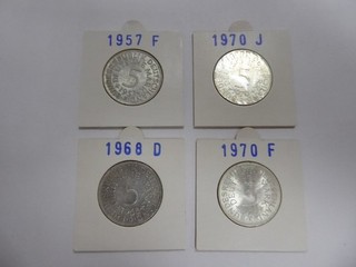 Silbermünzen 4 x BRD 5 DM 1970 F/J 1968 D 1957 F VZ im R. SQ1316