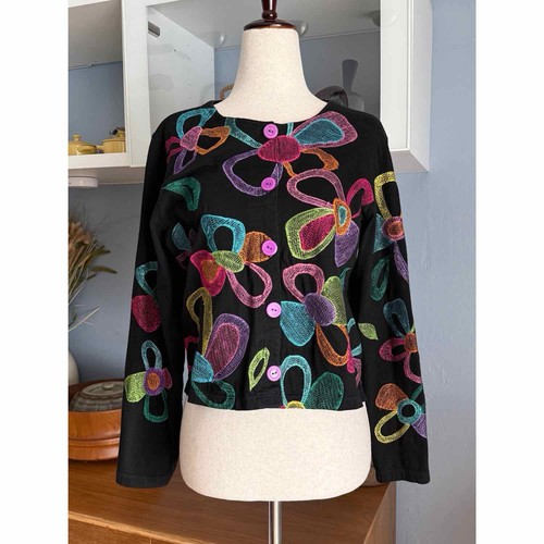 Vintage Michael Simon Lite Black Colorful Embroidered Bows Cardigan S