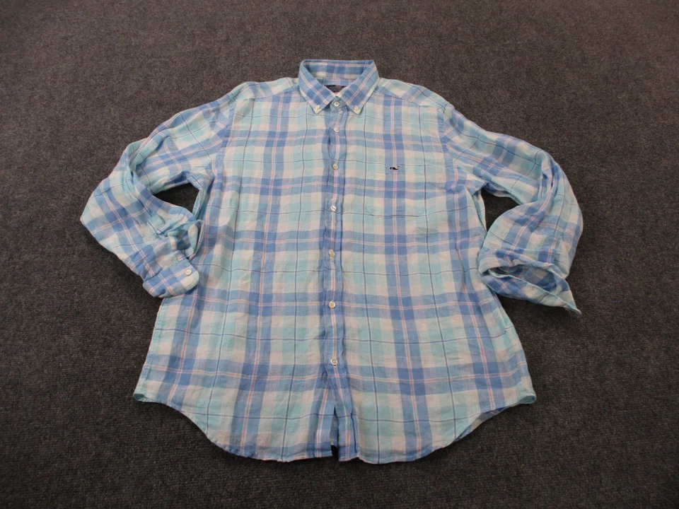 Vineyard Vines Shirt Men L Blue Plaid Linen Tucker Classic Fit Business Preppy - Image 2 of 4