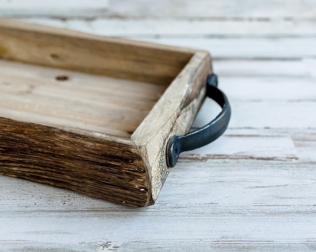 Long rustic farmhouse wood bark tray with metal handles