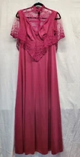 VTG 60s 70s JCPenny Union Made ILGWU Burgundy Red Lace Detail High Neck Gown