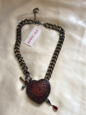 Betsey Johnson Hematite Tone Heart Dagger Pendant Necklace Red Crystal  NWT