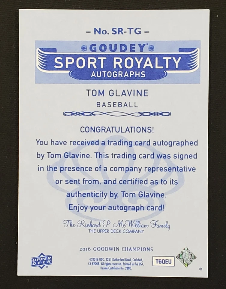 2016 Goodwin Champions Goudey Sport Royalty Tom Glavine Auto HoF Atlanta Braves - Image 2 of 2