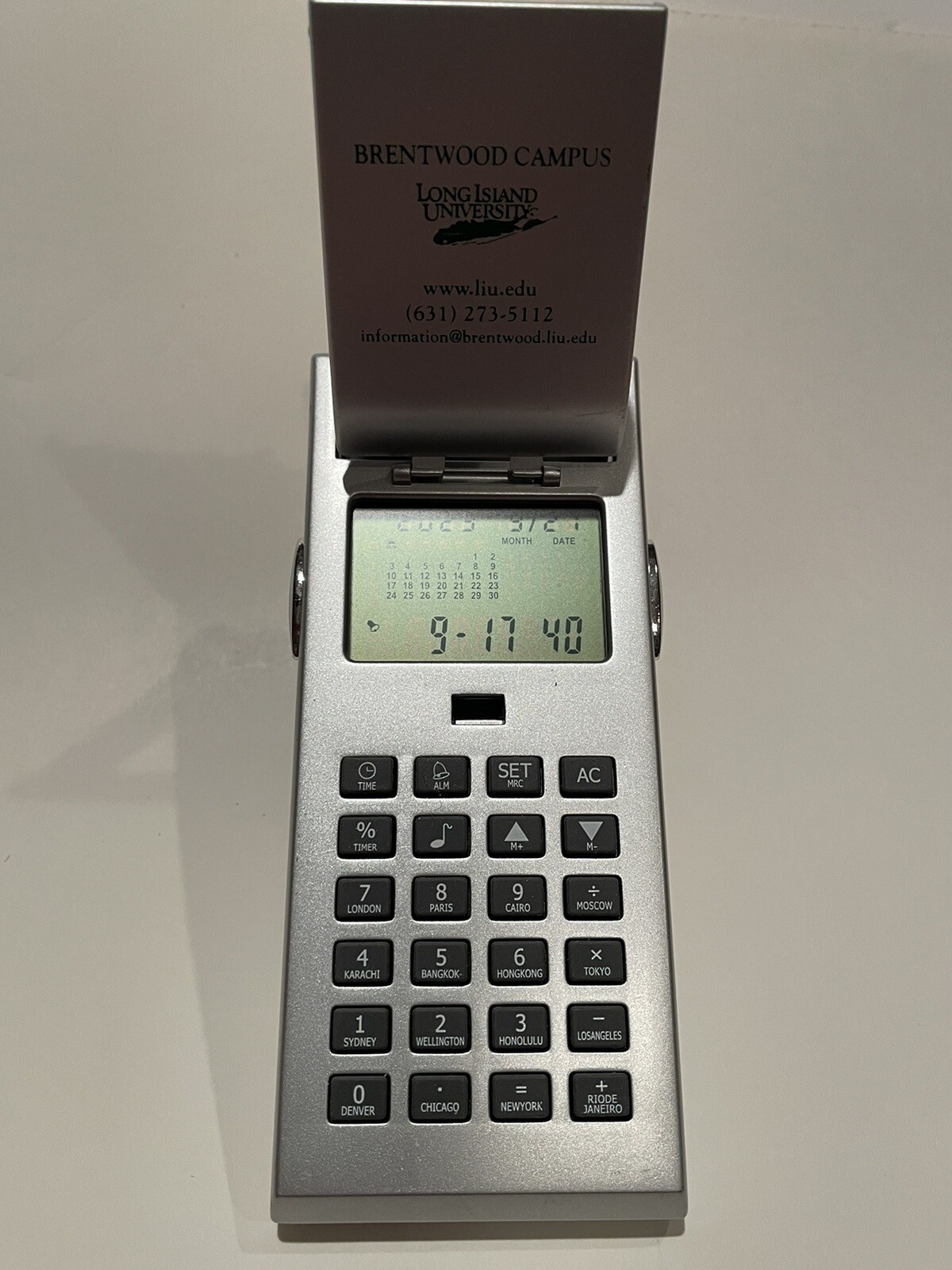Calculator World  Clock Calendar Alarm silver  Flip folding Long Island Universi-image