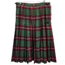 Tartan Plaid Pleated Wrap Skirt Womens L Red Green Buckle Fringe Midi Scottish