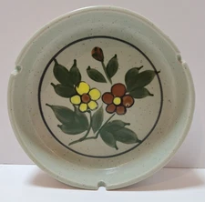 Vintage Retro Stoneware Ashtray Floral Pattern Speckled Green