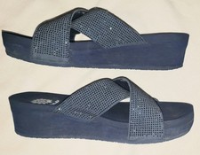 Yellow Box Maxima 8 Navy Blue Rhinestone Studded Rubber Cushioned Wedge Sandals