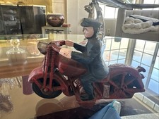 Vintage Cast Iron Police Rider on Motorcycle Toy Harley Style Moving Wheels
