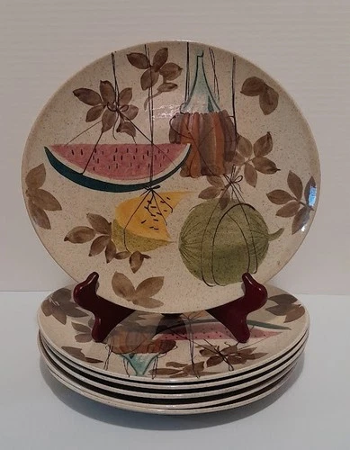 Set of 6 Vintage Red Wing Pottery Tampico 10 3/4" Dinner Plates Hand Painted MCM