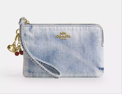 NWT COACH Corner Zip Wristlet In Loved Denim/Candy With Charms