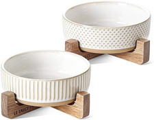 Ceramic Dog and Cat Bowl Set with Acacia Wood Stand - 2 Cup Weighted Non-Slip Fo