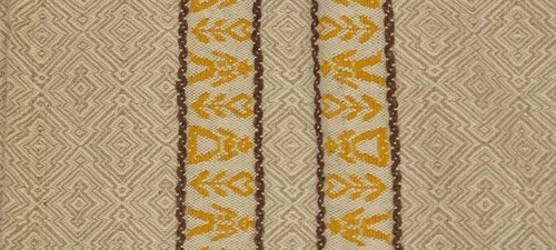 Scandinavian motif vintage woven coverlet textile beige yellow embroidered peopl