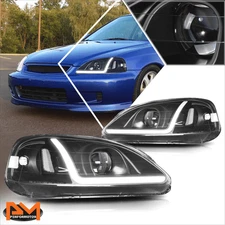For 99-00 Honda Civic LED DRL Tube Projector Headlight/Lamp Clear Corner Black