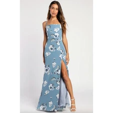 NEW Lulus Feeling Elegant Slate Blue Floral Print Lace Up Slit Maxi Dress Medium