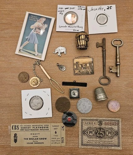 Vintage Junk Drawer Lot Military Coins Walt Disney Coca-Cola Mirror Paper Money