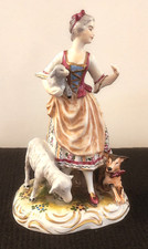 MEISSEN DRESDEN PORCELAIN SHEPHERDESS SHEEP & DOG FIGURE #447 - 6.3/4"