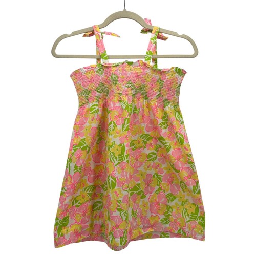 Lilly Pulitzer Girls 4 Dress Felice Floral Tie Strap Neon Pink Yellow Sundress - Picture 3 of 7