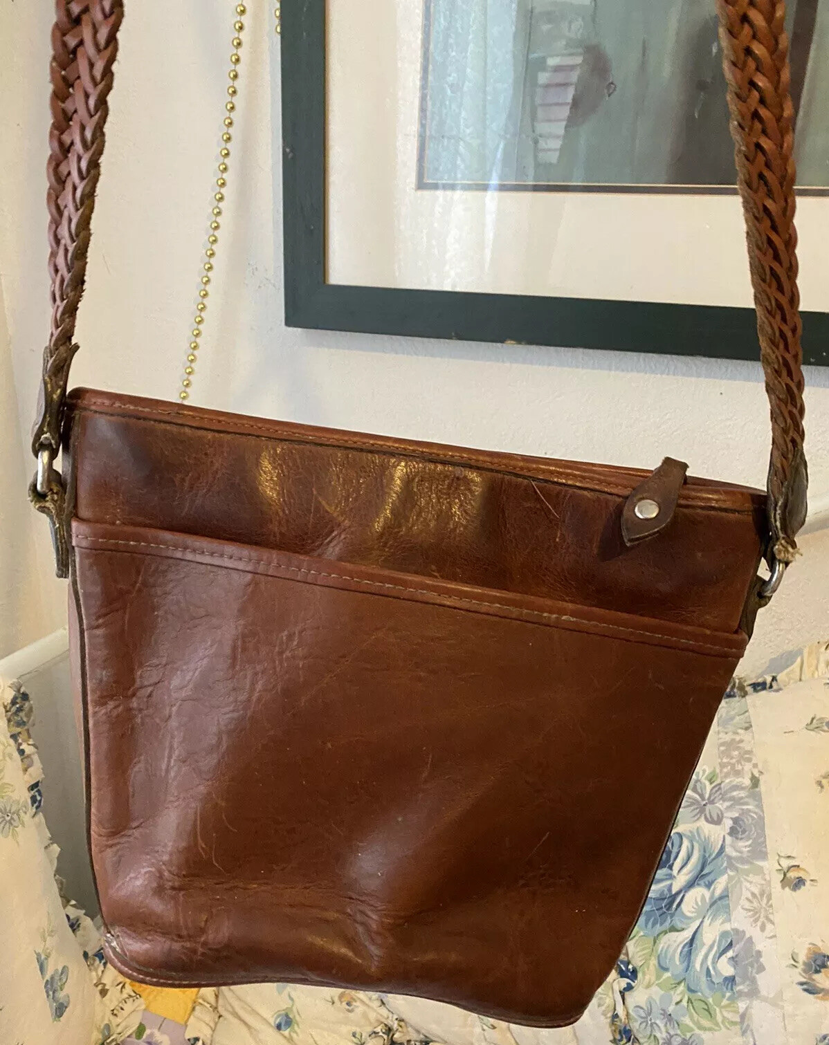 PONY Borsa a tracolla BRIGHTON marrone whisky VINTAGE cucita a mano HIPPIE in pelle HandBaG