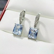 14K White Gold Plated 2.50Ct Emerald Cut Lab Created Aquamarine Dangle Earrings