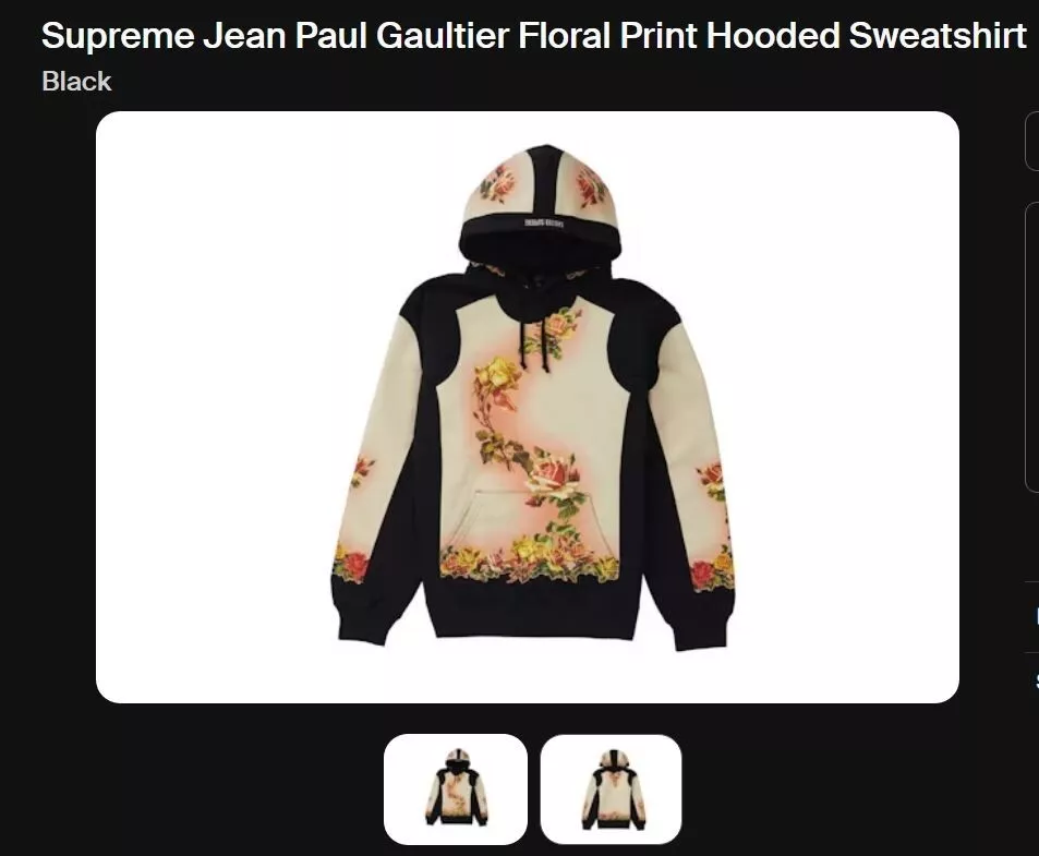 Supreme Jean Paul Gaultier imprimé floral à capuche noir taille Medium *lire ci dessous*